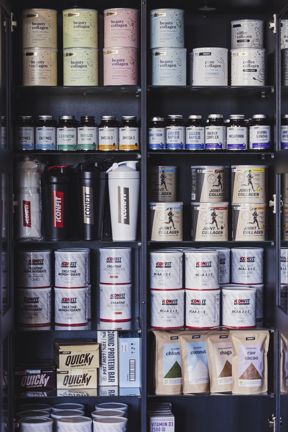 A selection of ICONFIT supplements, protein products and shakers