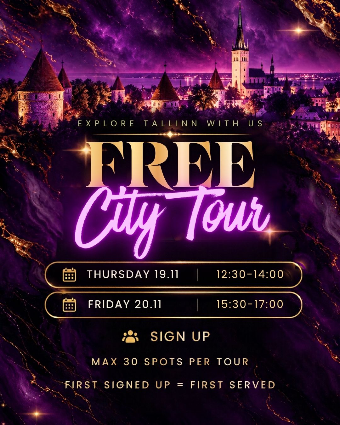 Free TBEX City Tour poster showing Tallinn Old Town and tour times on Thursday 19 November, 12:30–14:00, and Friday 20 November, 15:30–17:00.